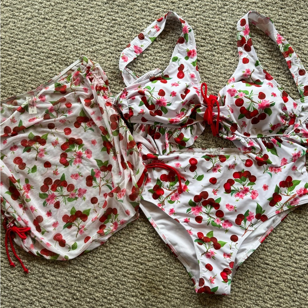 Cherry Print White Bikini Set with Mesh Cover-Up